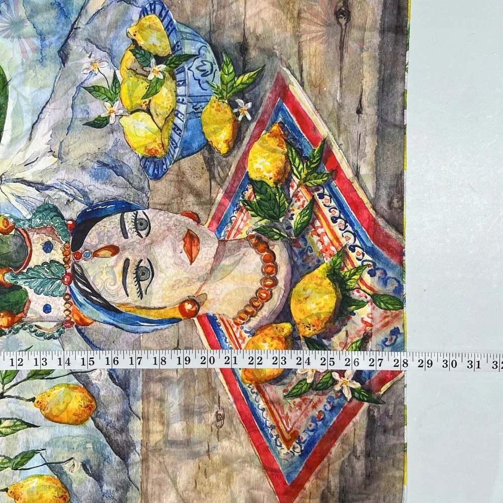 Mediterranean Lemon & Portrait Print Square Scarf Italian Style Watercolor Blue